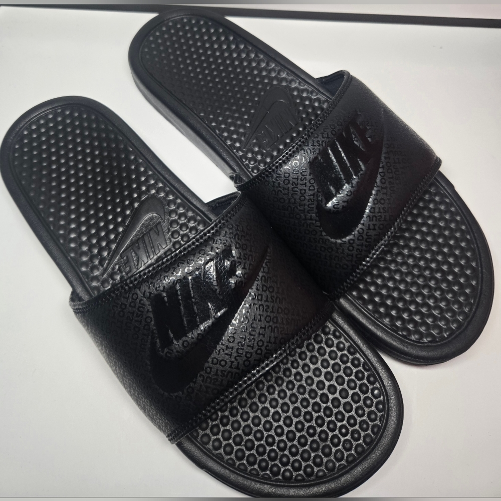 NIKE Benassi JDI Slide size 11 Mens Black Just Do It AOP Swoosh Logo Slip On